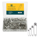 Assorted metal safety pins in clear storage box, mixed sizes
