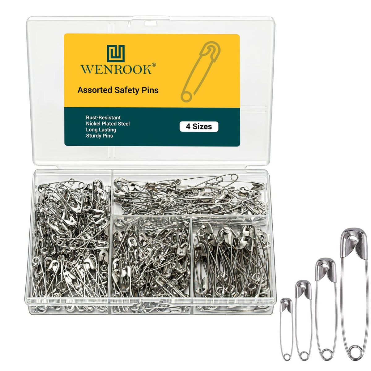 Assorted metal safety pins in clear storage box, mixed sizes