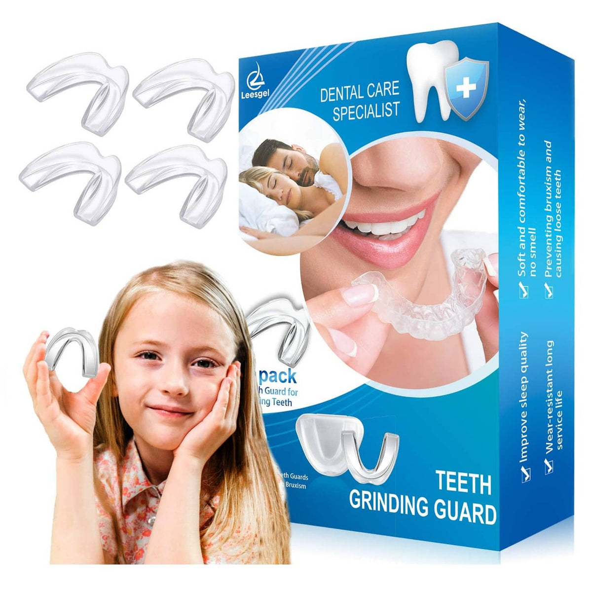 Kids mouth guard set, four clear EVA trays shown with matching box packaging
