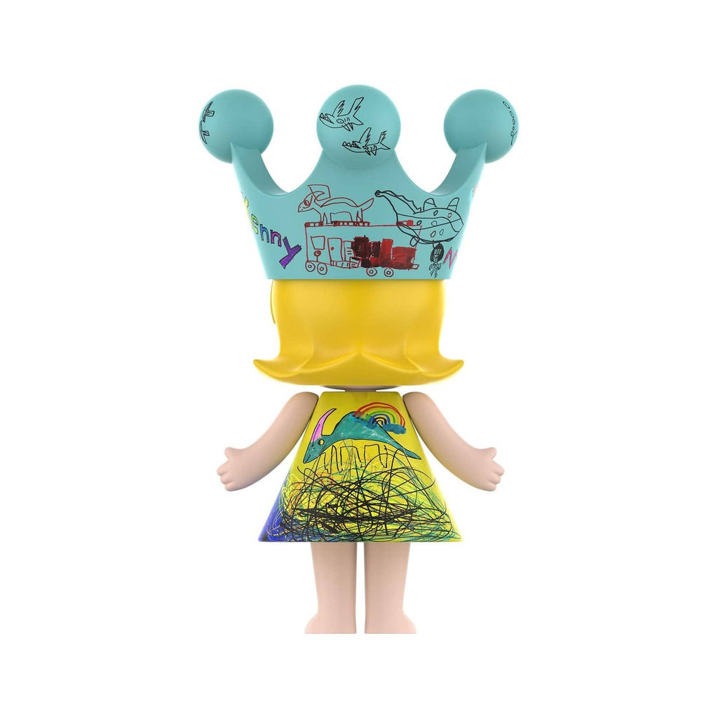 Royal Molly collectible doll back view, teal crown with graphics and multicolor dress
