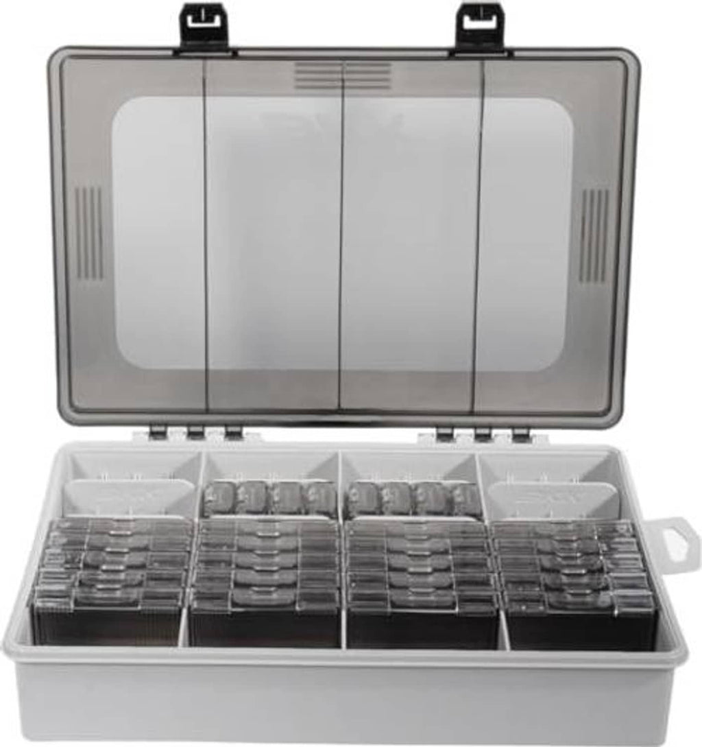Open tackle storage case with four front compartments and neatly stacked rectangular tackle boxes