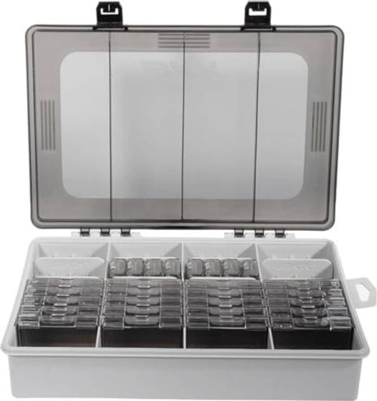 Open tackle storage case with four front compartments and neatly stacked rectangular tackle boxes