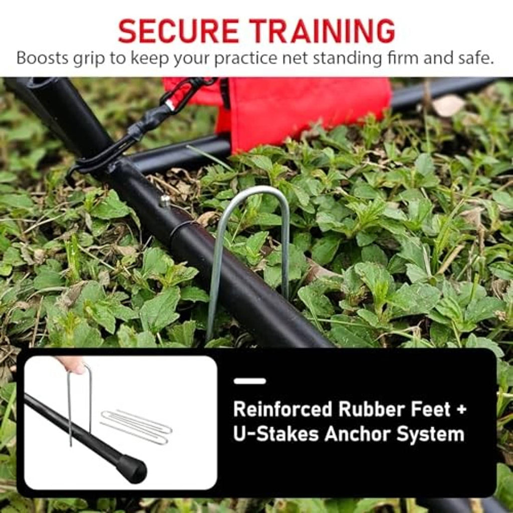 Anchoring system for training net: reinforced rubber feet and U-stakes on ground
