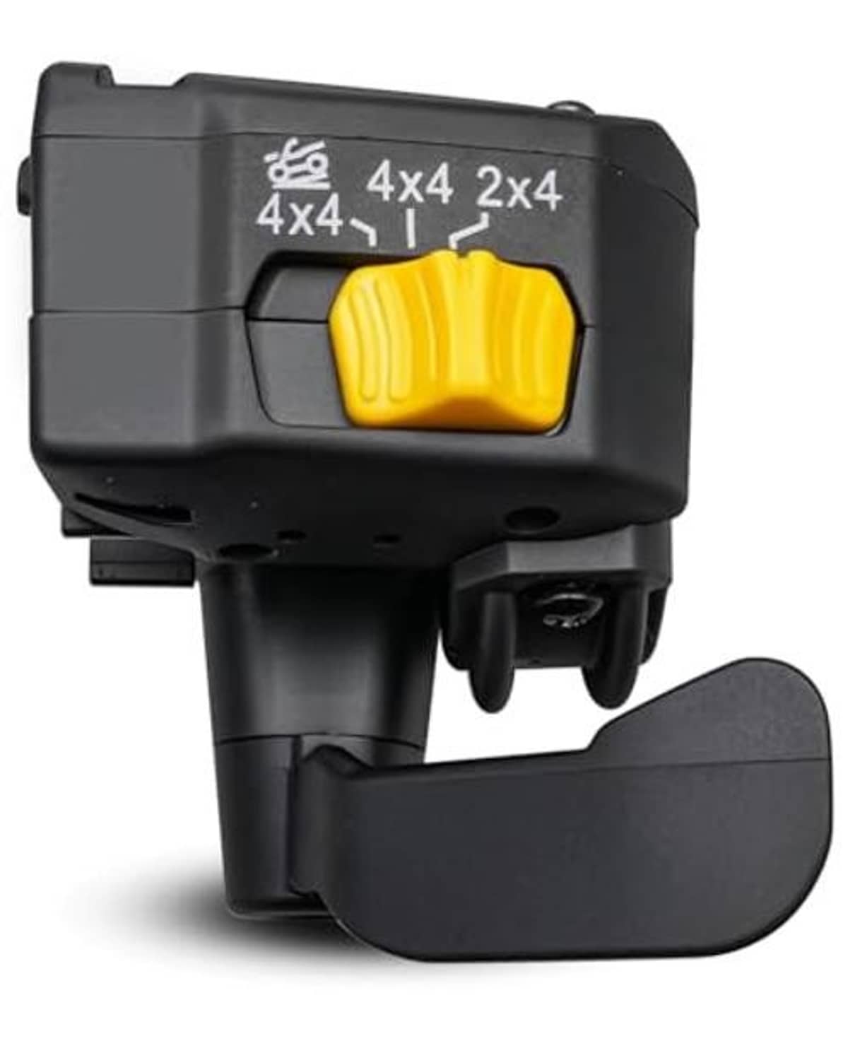 Thumb throttle control lever assembly with yellow rocker on black housing