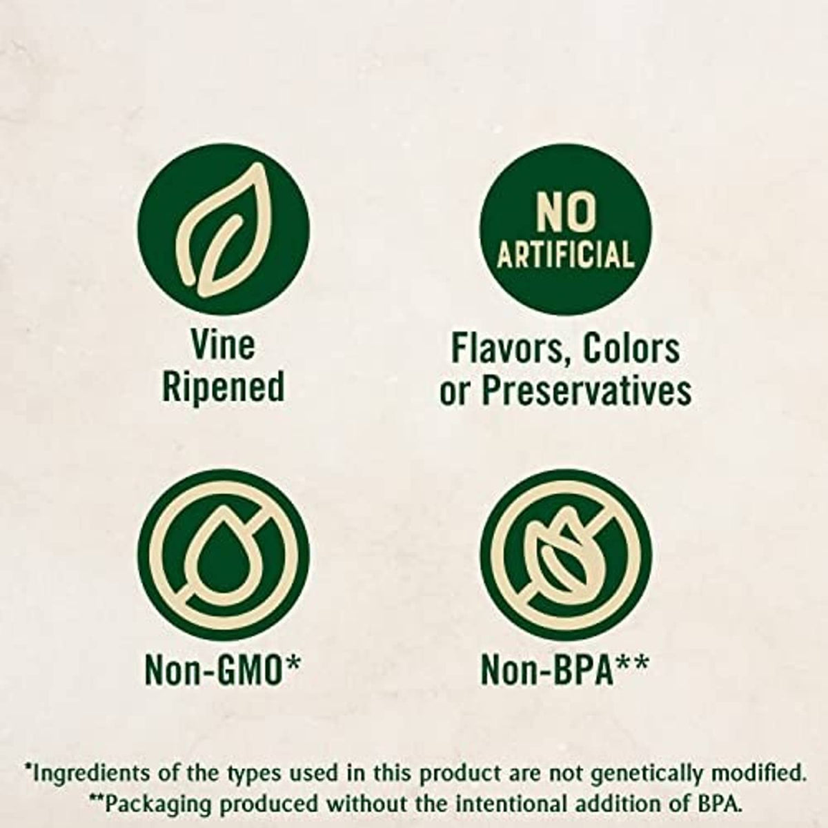 Tomato paste quality badges: Vine Ripened, No artificial flavors, Non-GMO, Non-BPA