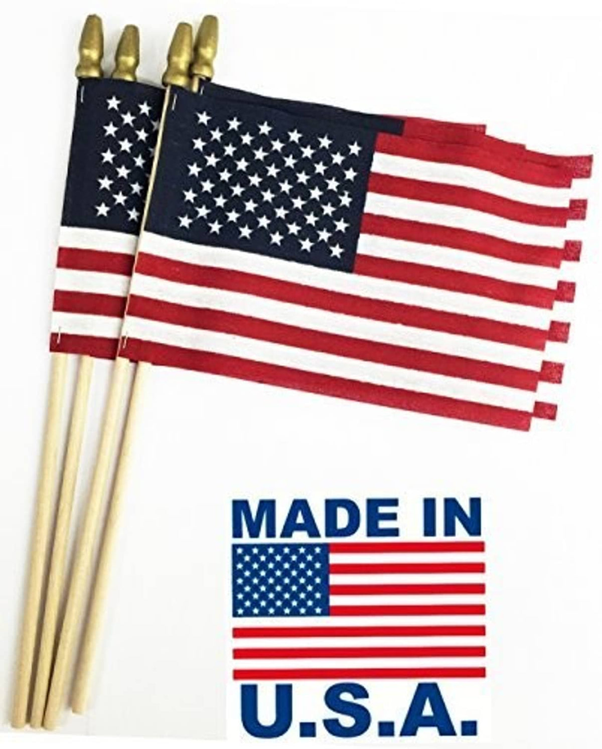 Two small U.S. stick flags with gold spear tips, red white stripes and blue star field