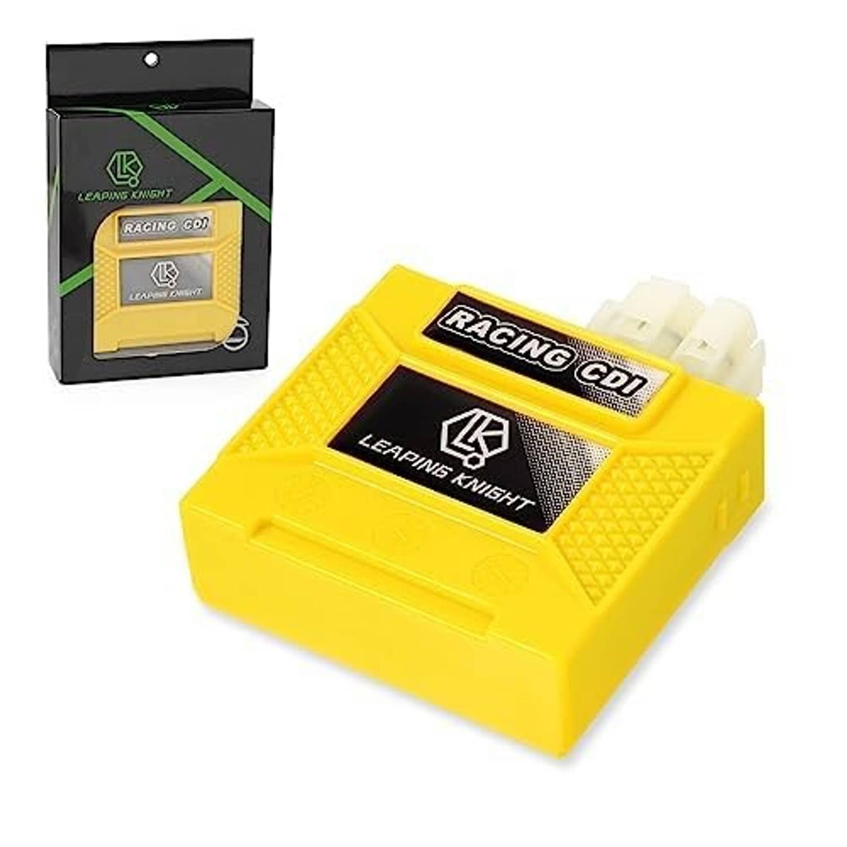 Yellow racing CDI ignition module with front mesh panel and black label, angled view