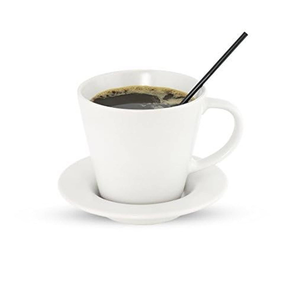 Black coffee stirrer in a white cup with saucer