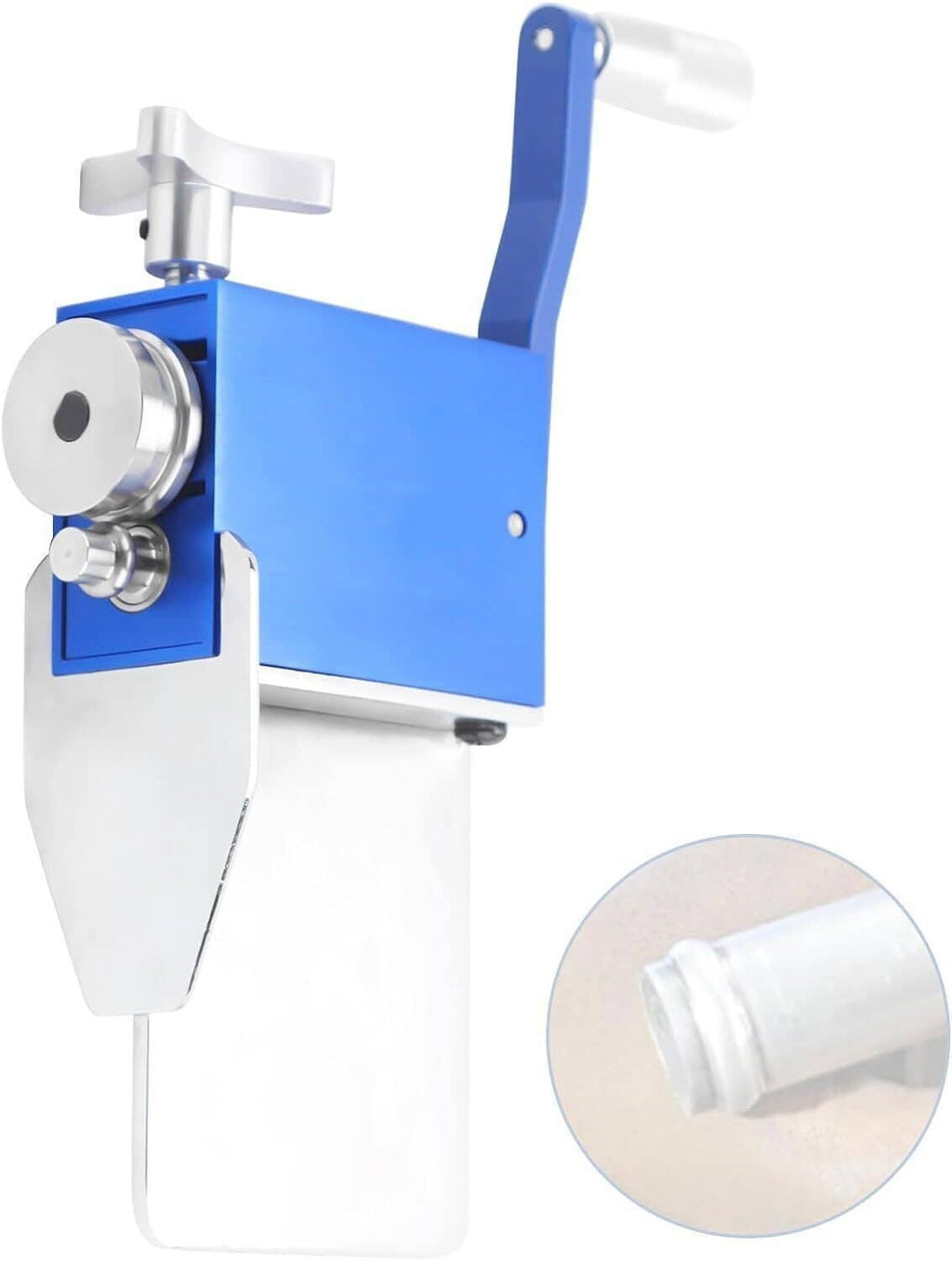 Tube pipe beader tool with blue panel, circular roller, and white clamp body