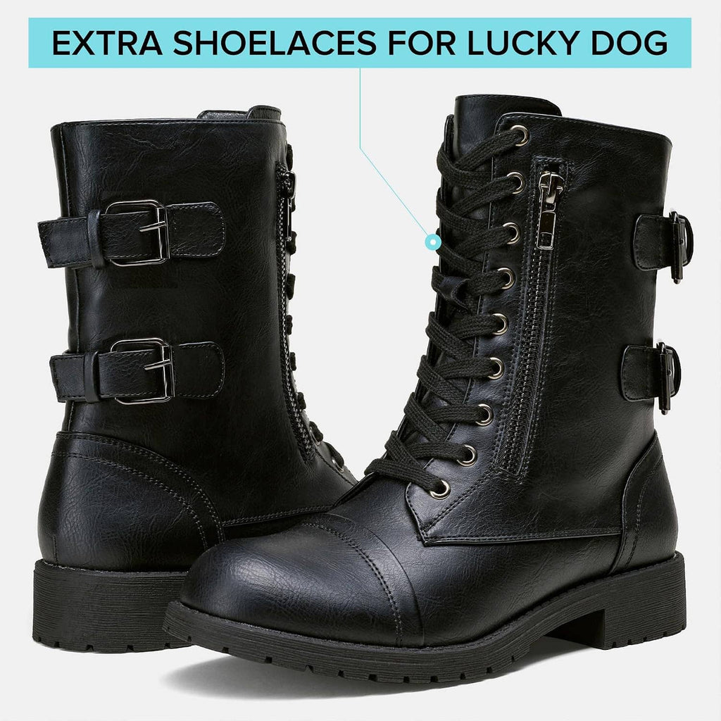 Black mid-calf lace-up combat boots with side strap buckles and zip pocket