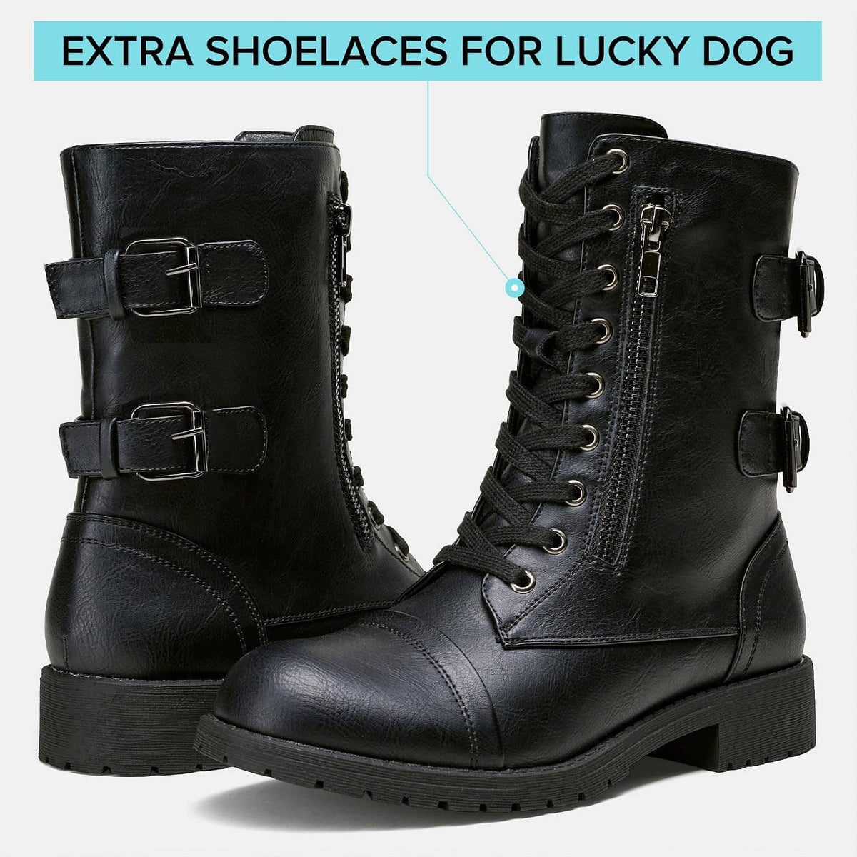 Black mid-calf lace-up combat boots with side strap buckles and zip pocket