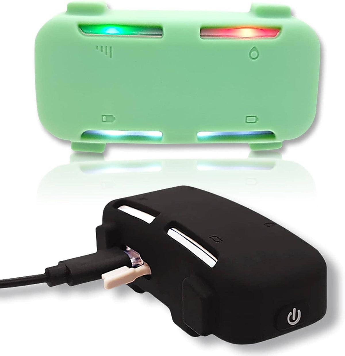 Mint and black silicone GPS tracker holders with charging cable connector