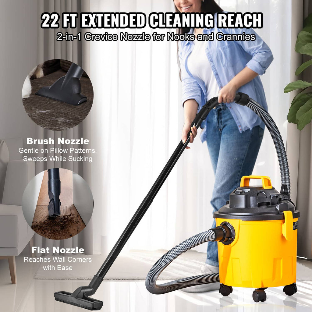 Wet/dry shop vacuum with 2-in-1 crevice nozzle and brush nozzle, yellow canister