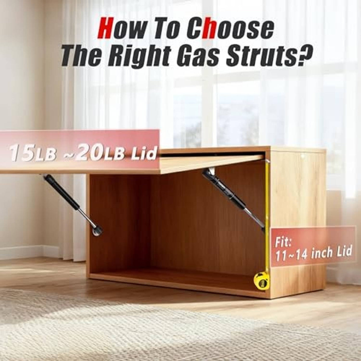 Two black gas lift struts supporting a raised cabinet lid on a wooden base.