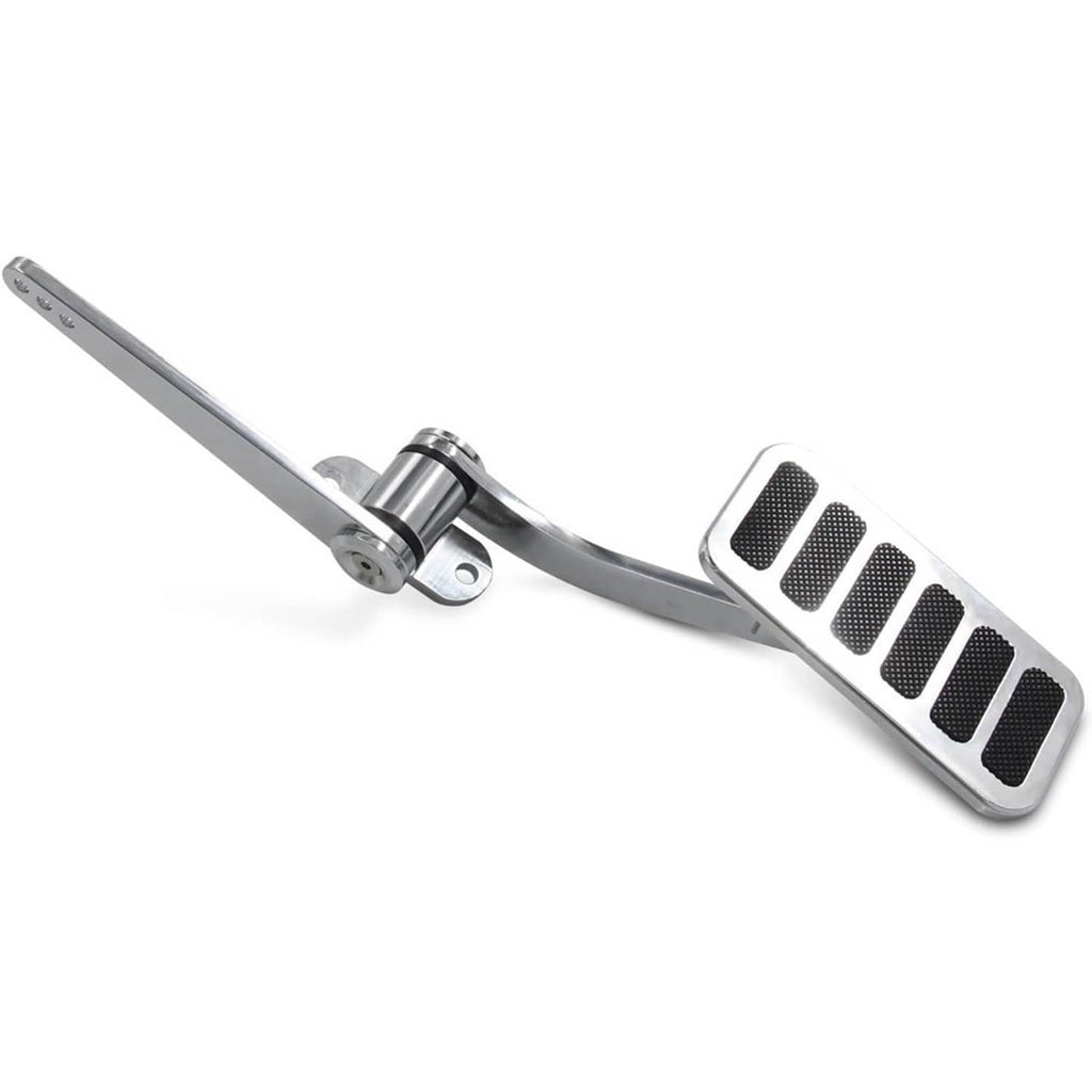 Polished aluminum pedal arm with black rubber foot pad and circular pivot joint