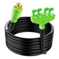 Black power cord with green generator-to-RV adapter plugs and connector block