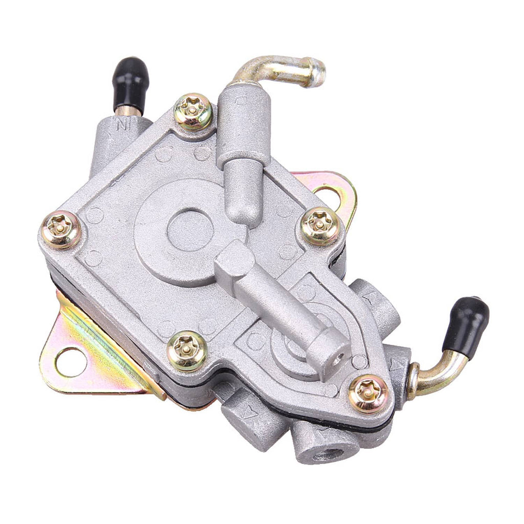 Grey fuel pump with two black vacuum hoses and side metal inlet pipe