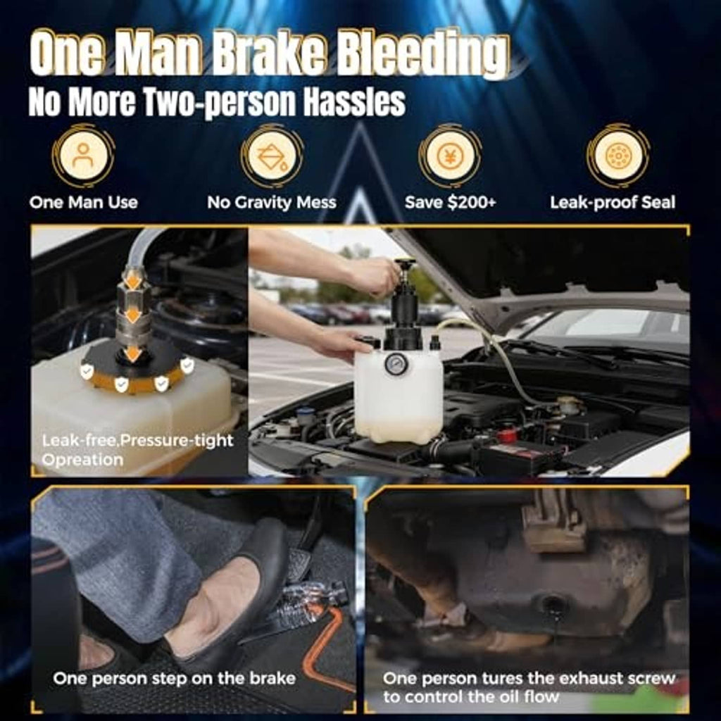 One-man brake bleeder setup with white reservoir, pressure gauge, and connected hoses