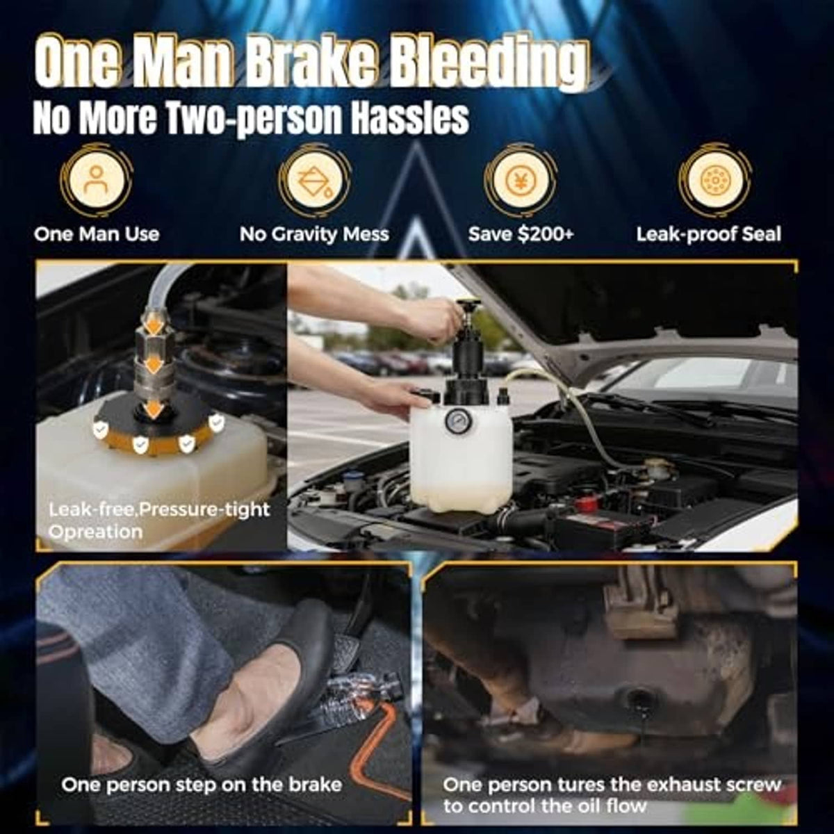One-man brake bleeder setup with white reservoir, pressure gauge, and connected hoses