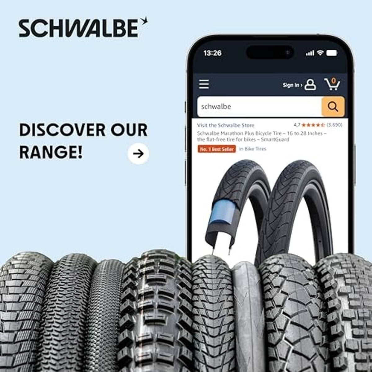 Smartphone screen showing bike tires and a product store listing for valves
