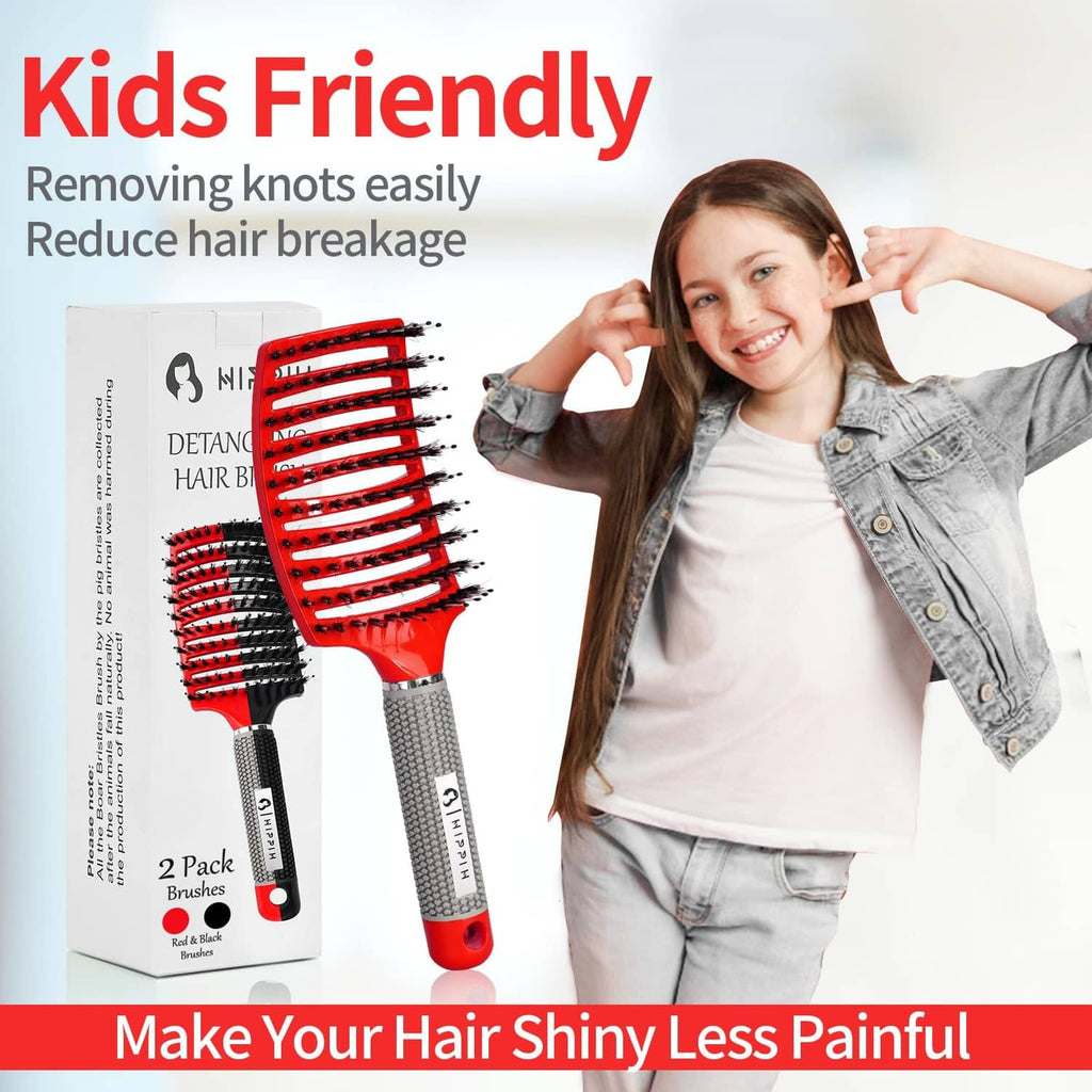 Set of 2 boar bristle hair brushes with red and black handles