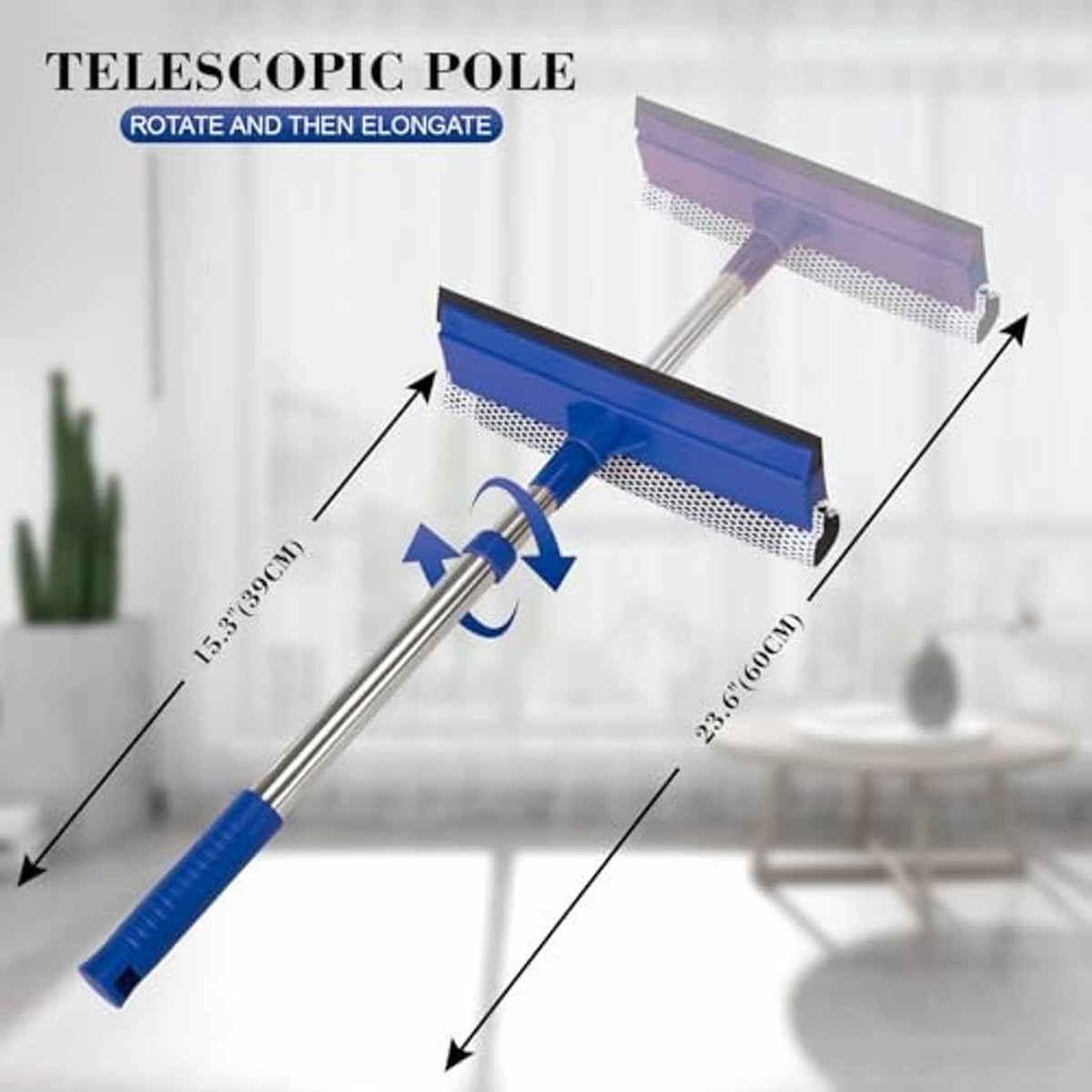 Extendable telescopic squeegee with blue rubber blade and stainless steel pole