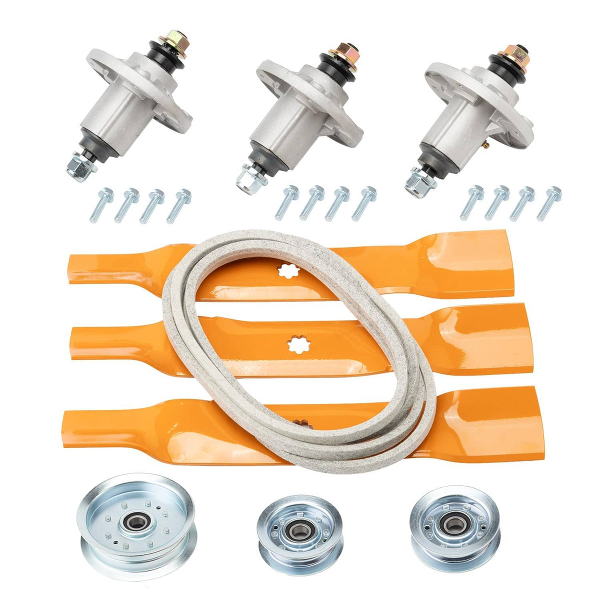 Deck rebuild kit with three spindles, screws, orange belts, and gray belt loop