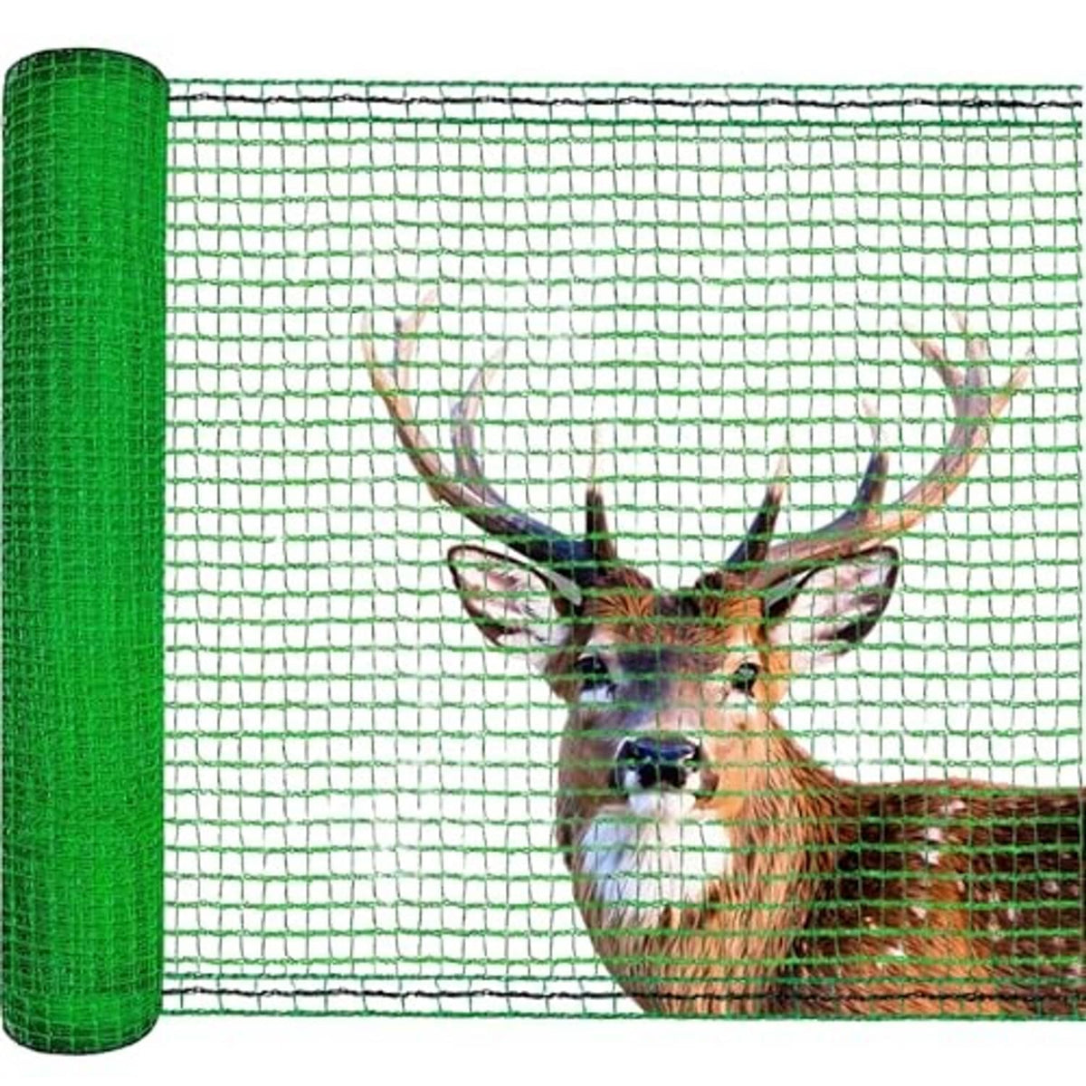 Green plastic mesh deer fence netting panel with printed buck graphic