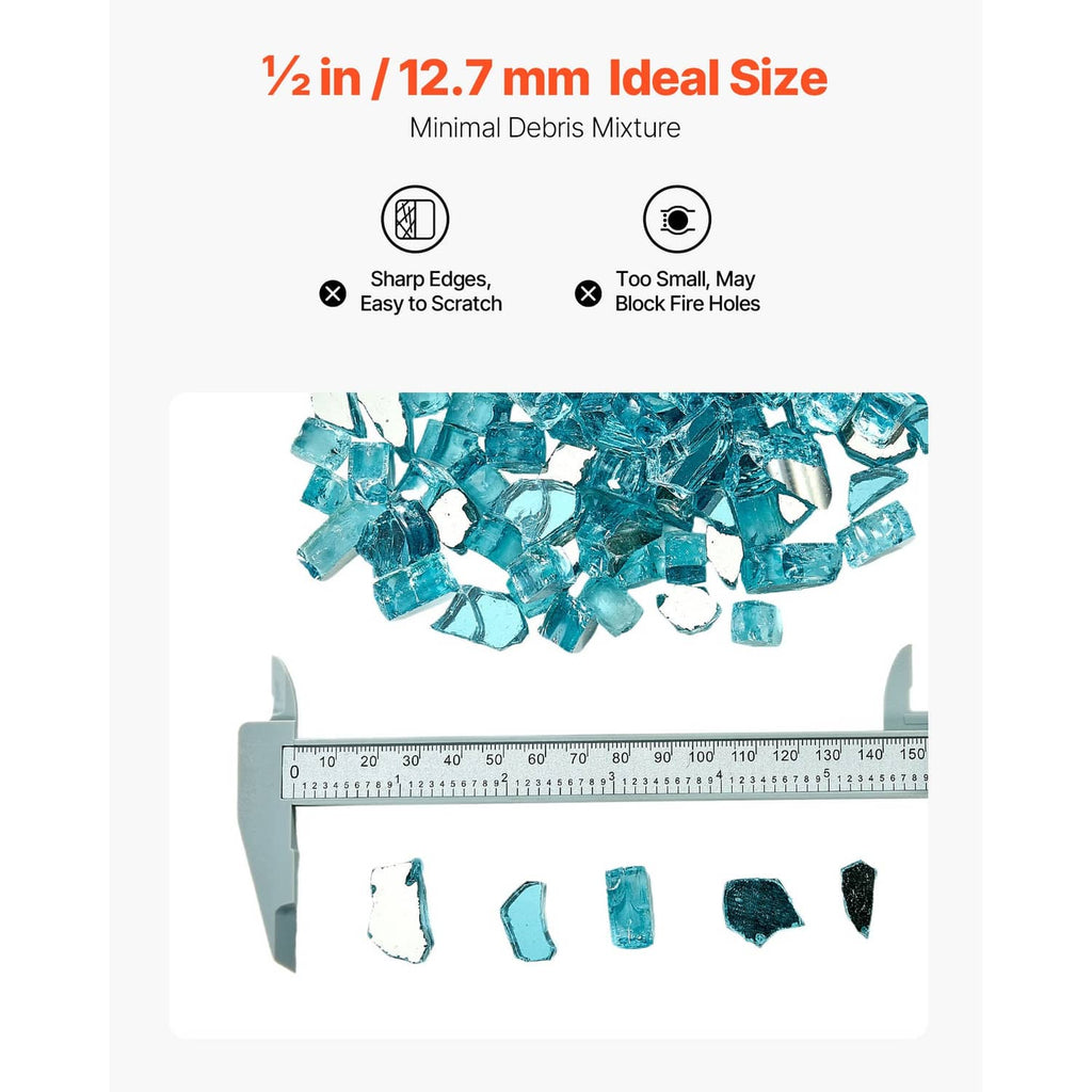 Aqua blue crushed glass stones with ruler scale and mixed piece shapes