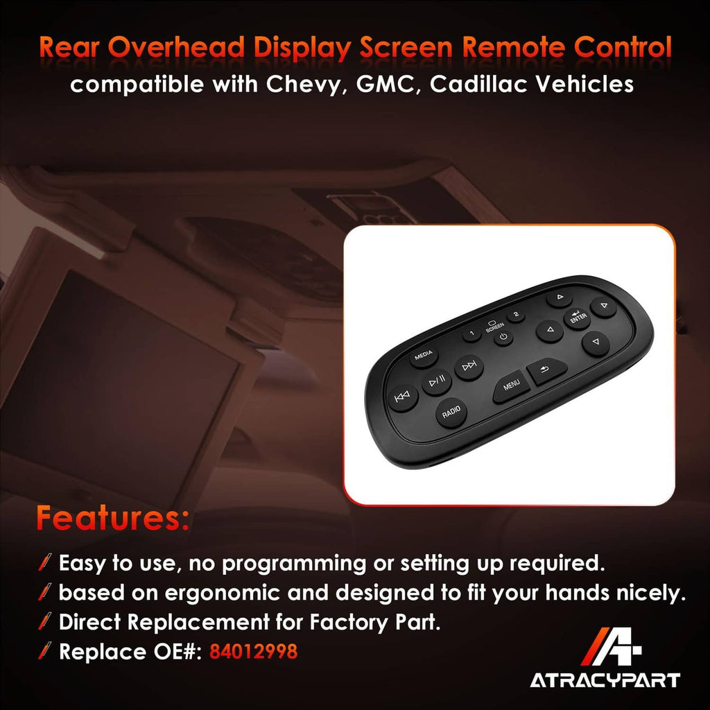Black rear entertainment remote control with media, screen, radio, and menu buttons