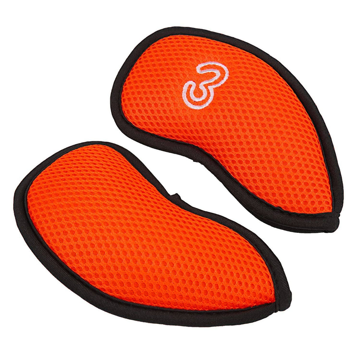 Pair of bright orange mesh golf iron head covers with white numbers 3 and 8