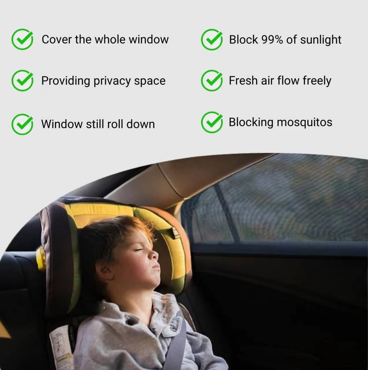 Black mesh car window screen covering rear side window, car interior view