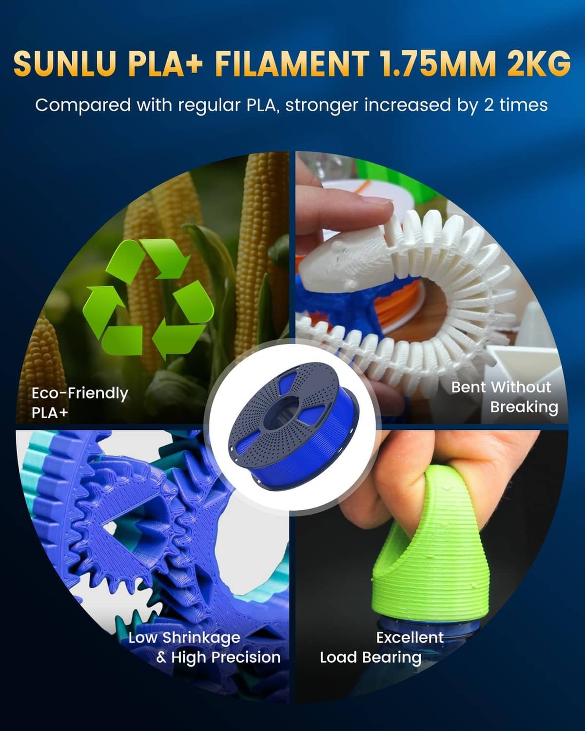 Set of PLA+ filament spools with blue spool and multicolor filament examples.