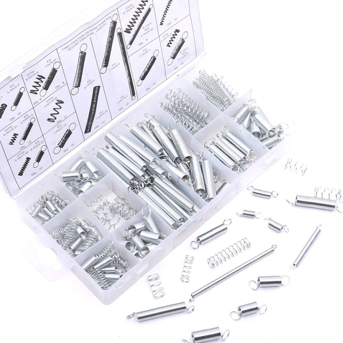 Zinc-plated spring and fastener assortment in compartments with loose parts