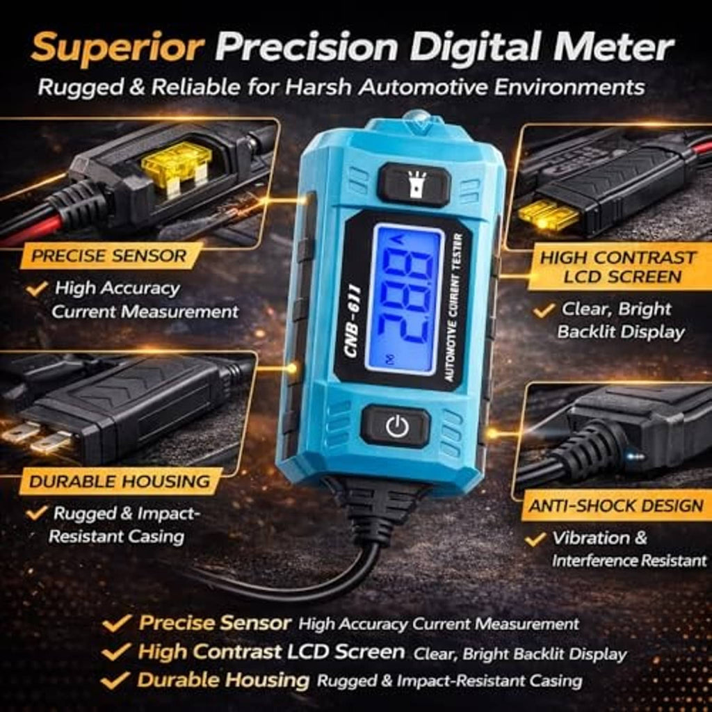Blue automotive current circuit tester with high-contrast LCD screen and rugged housing