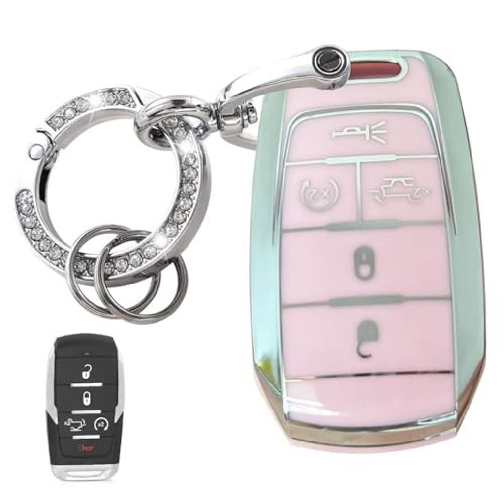 Key fob cover shell with pink and mint button panel, 5-button layout and silver key ring