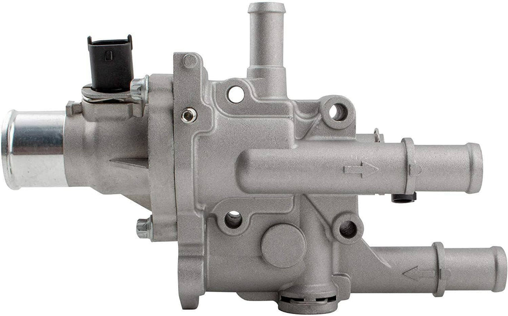 Thermostat housing assembly front view with black electrical connector, silver metal body.
