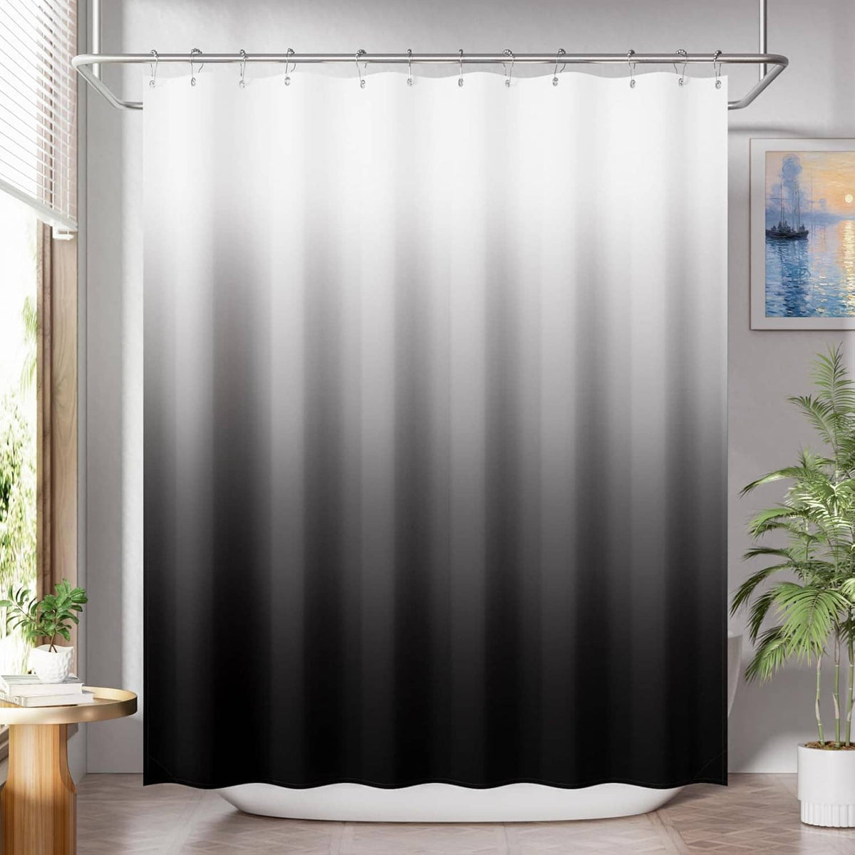 Cloth ombre shower curtain in white-to-black gradient with top grommets and hooks