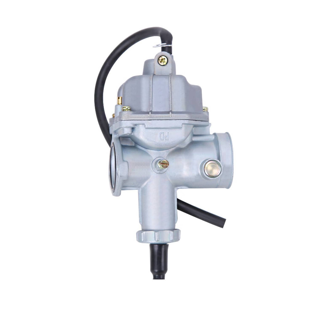 Carburetor unit with black fuel hose and silver metal body, side view