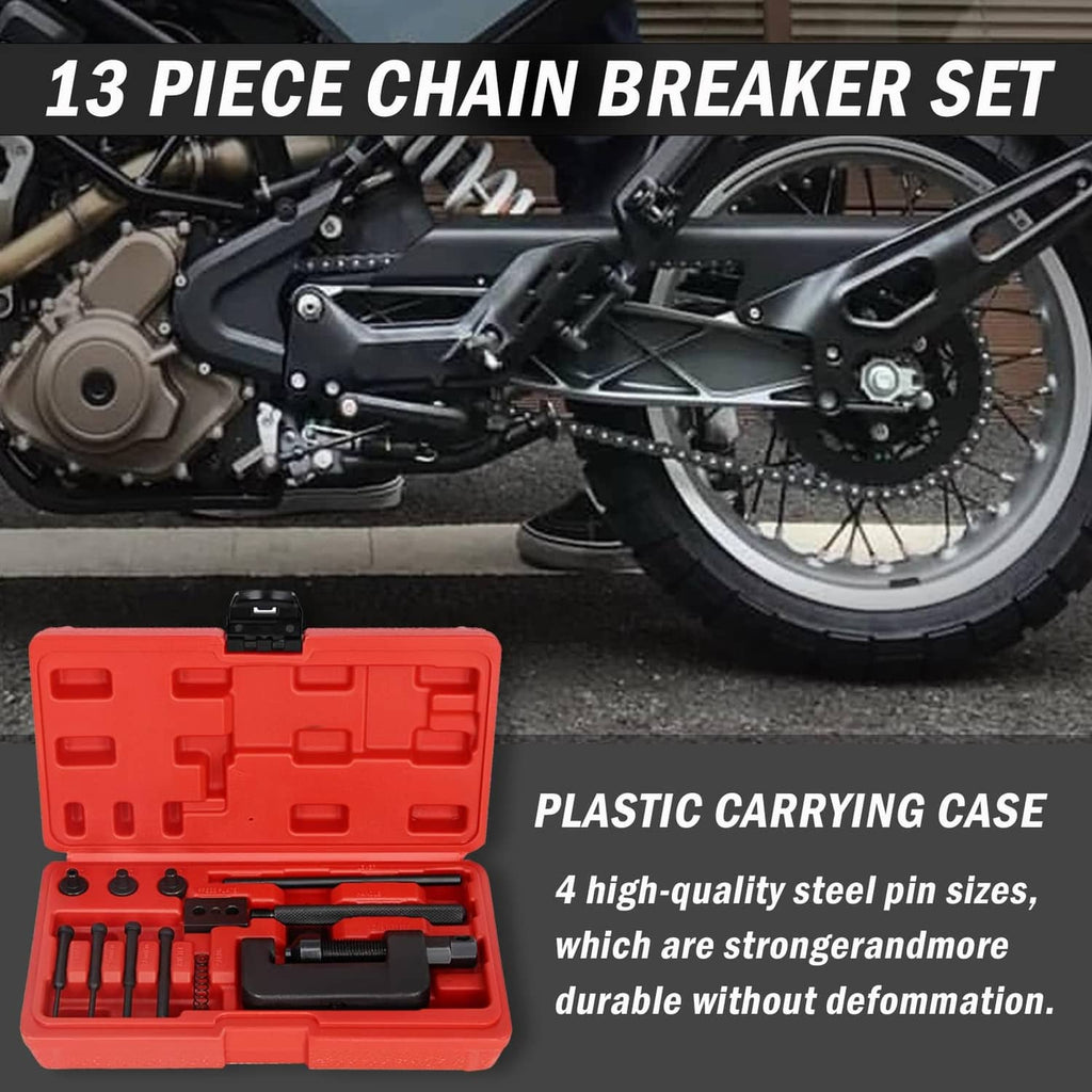 13-piece chain breaker riveter set in red plastic carrying case with steel pin sizes