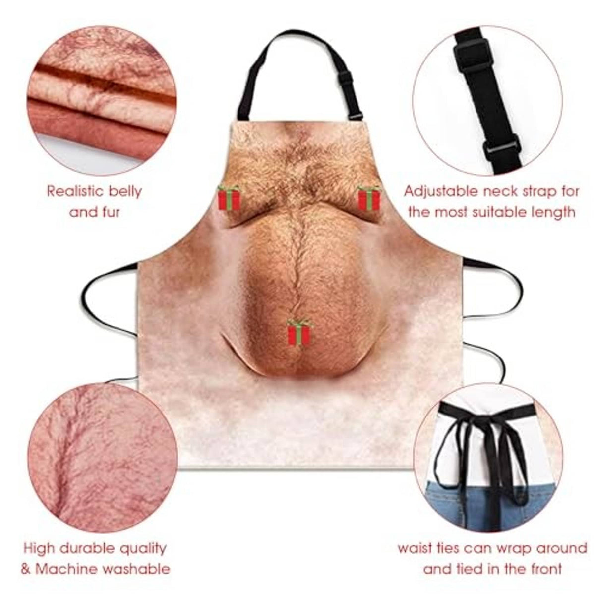 Brown novelty belly apron with black neck strap and adjustable waist ties