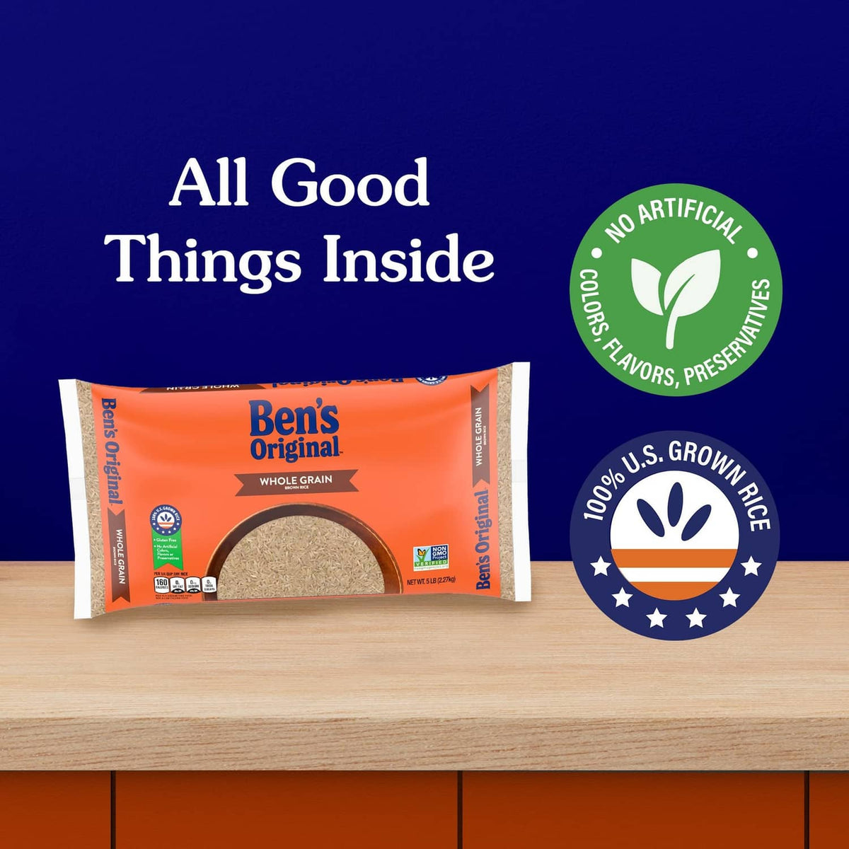 Ben's Original whole grain brown rice 5 lb bag with “100% U.S. grown rice” badge