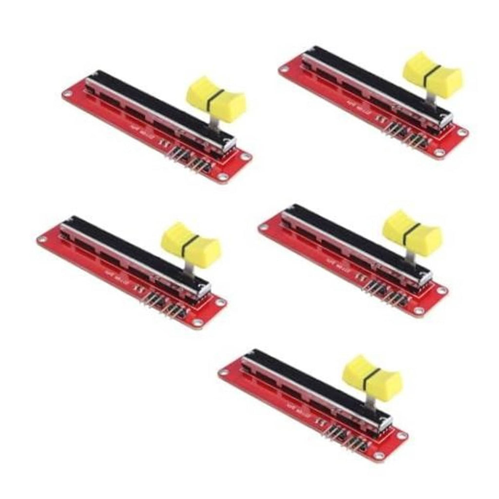 Slide potentiometer modules, red PCB with black fader slot and yellow adjustment knob