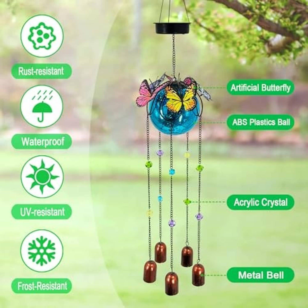 Butterfly wind chime solar light with blue orb and multicolor bead strings ending in copper bells