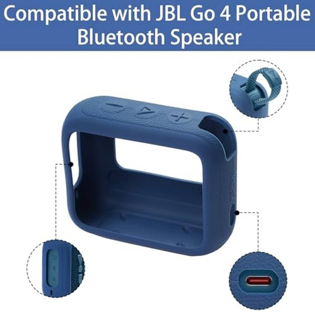 Blue silicone speaker case with front cutout, strap loop, and carabiner clip