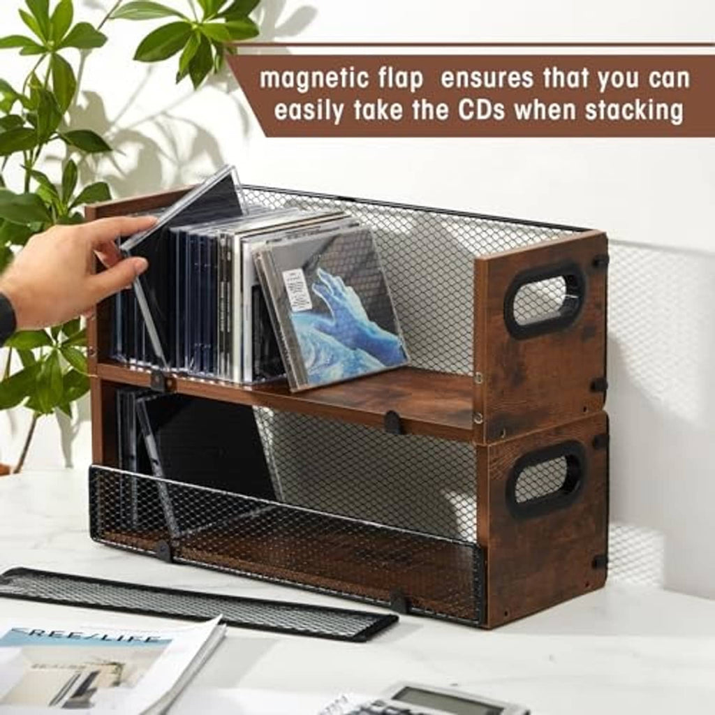 Stacked wooden CD storage rack with magnetic flap and metal mesh sides