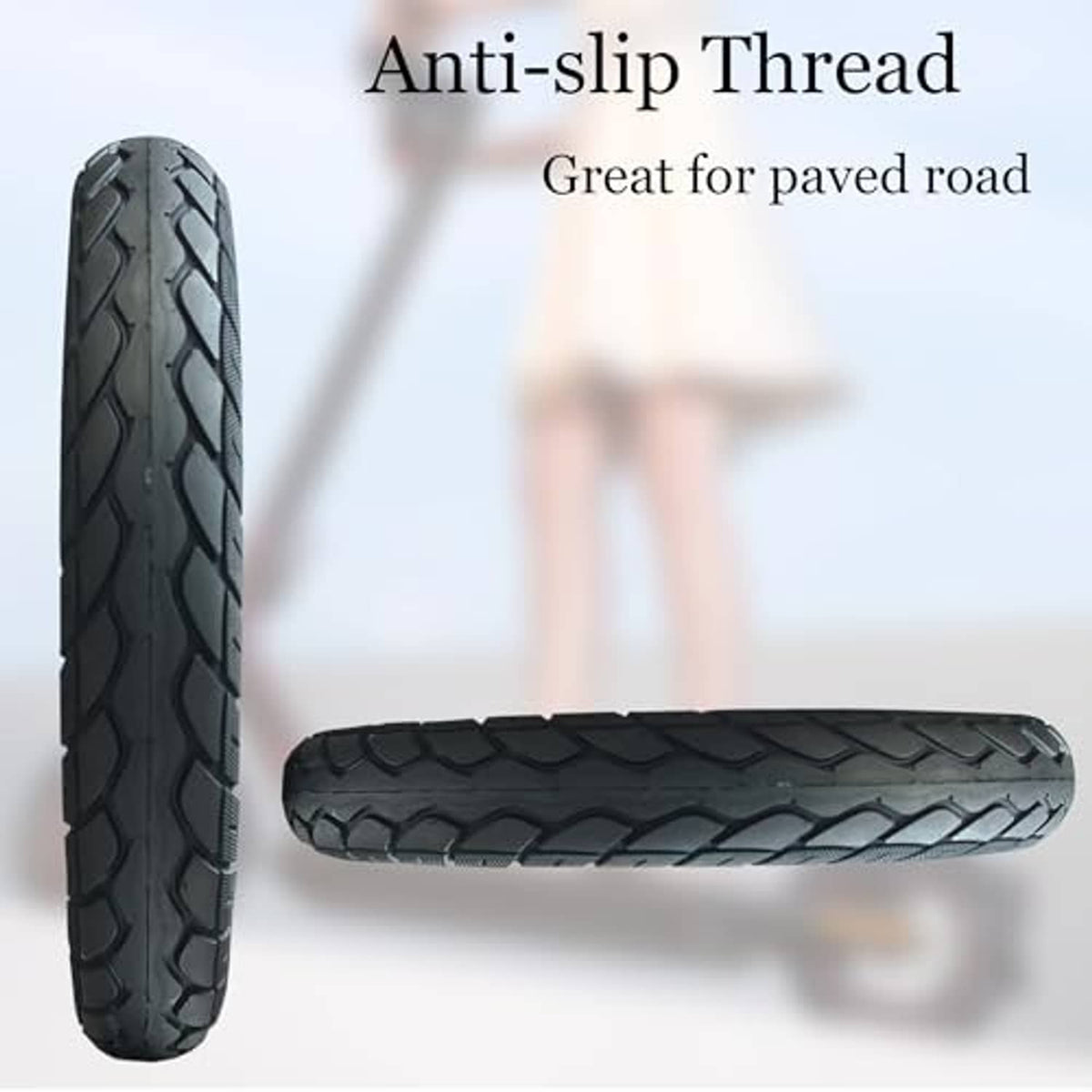 Black tire tread with anti-slip texture and deep molded channels