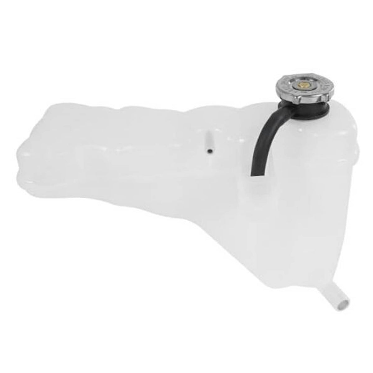 White engine coolant reservoir with black hose and round metal cap