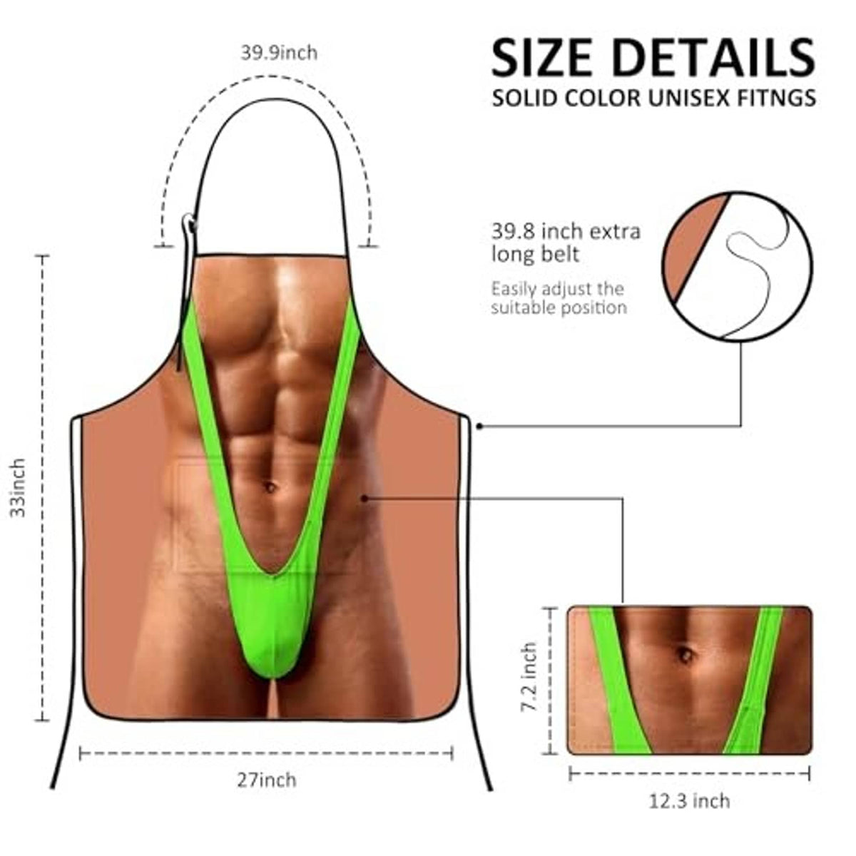 Novelty apron size diagram with long adjustable waist belt and green-edged neckline