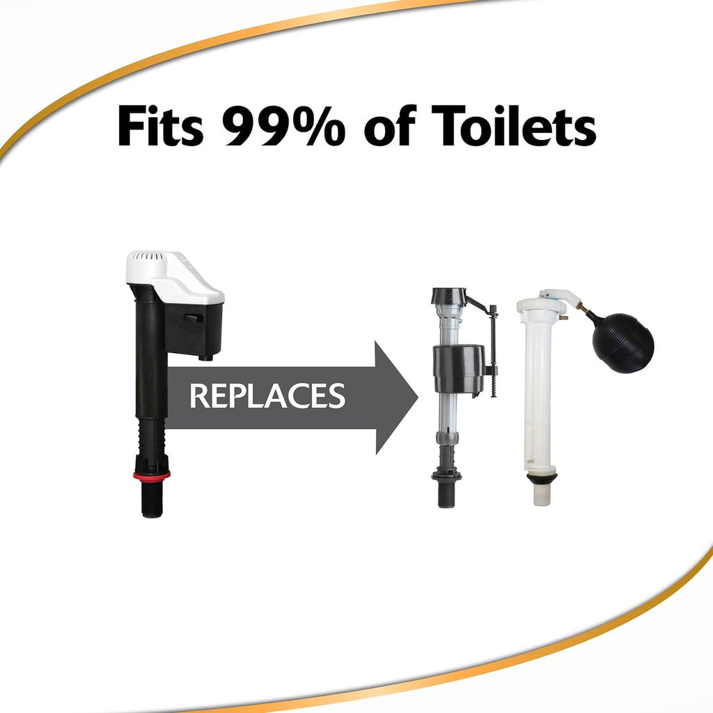 Toilet fill valve replacement shown with black valve body and connected parts
